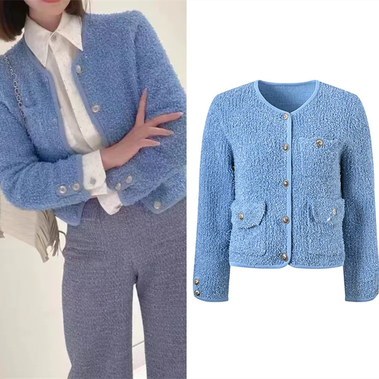 

Высококачественный синий вязаный открытый кардиган, круглый верхняя одежда Ne Faion для женщин, топ Ele Aosphere European Sle Top