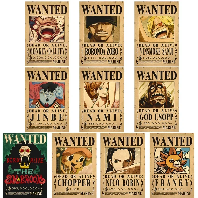 One Piece Wanted Posters 10pcs Set Kids Figures Anime Gear 5 Luffy Sun God Nika Bounty Vintage Living Room Wall Decoration Toys