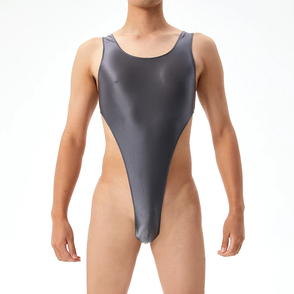 

Men's Oil Glossy Solid Color Bodysuits Elastic Leotard Jumpsuits Underwear Bulge Pouch Briefs Sexy See Through Man Playsuit