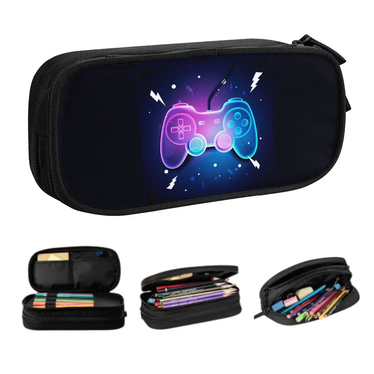 Custom Cool Video Game Gamer Neon Art Pencil Cases Large Capacity Geek Gaming Controller Pencil Bag School Accessories