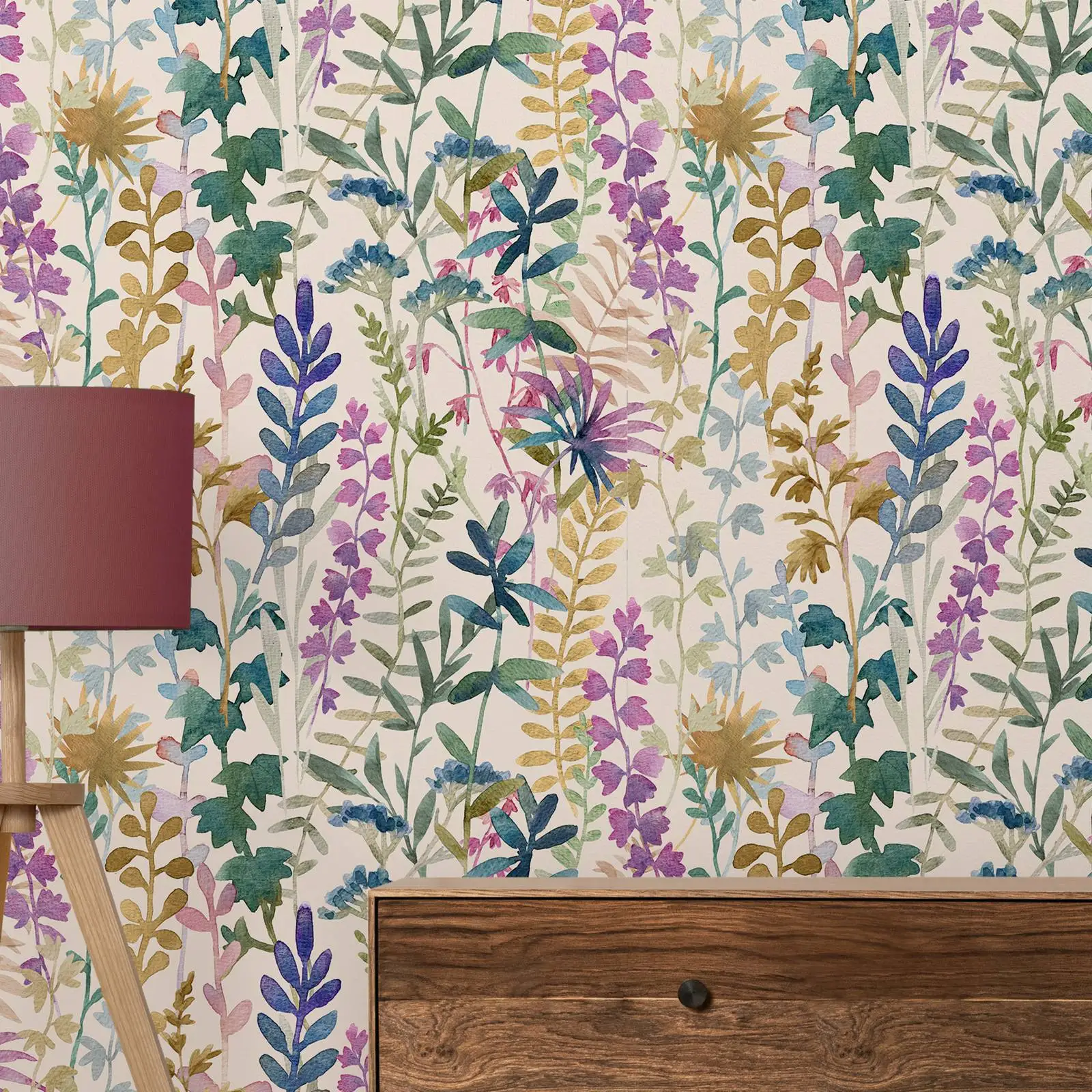 Beautiful floral Wallpaper, Hand Drawn Watercolor Wild Herbs  Wallpaper, Watercolor Floral Mural, Peel and Stick Wallpaper Roll