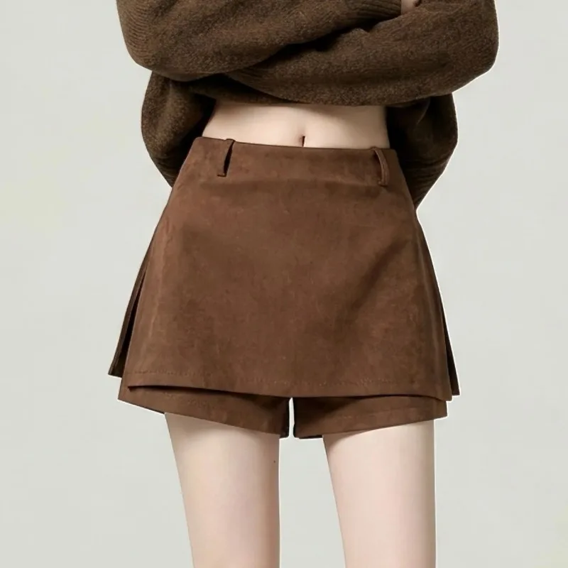 Hot Girl Style Women Suede Skort Autumn Winter High Waist A Line Split Slim Fit Petite Ladies Short Skirt