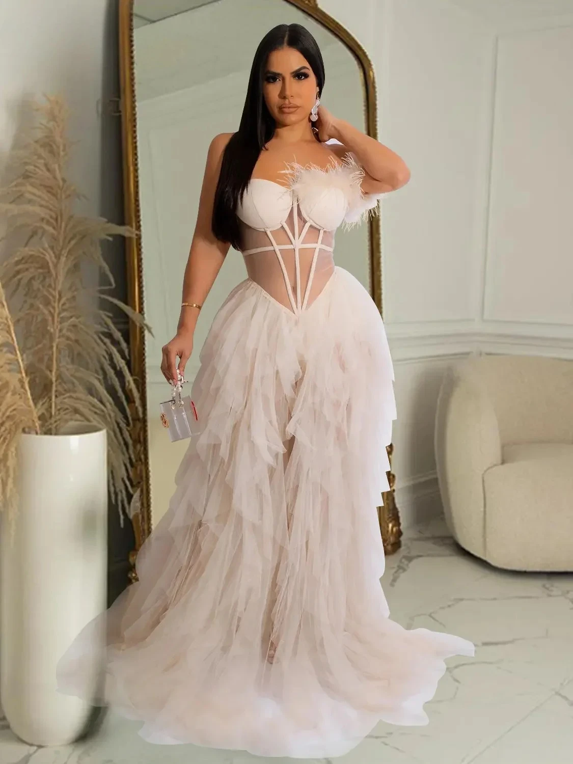 CM.YAYA WomenEvening Sexy Party DressesTierred Mesh See Though Off Shoulder Sweetheart Collar Maxi Long Floor Length Dress