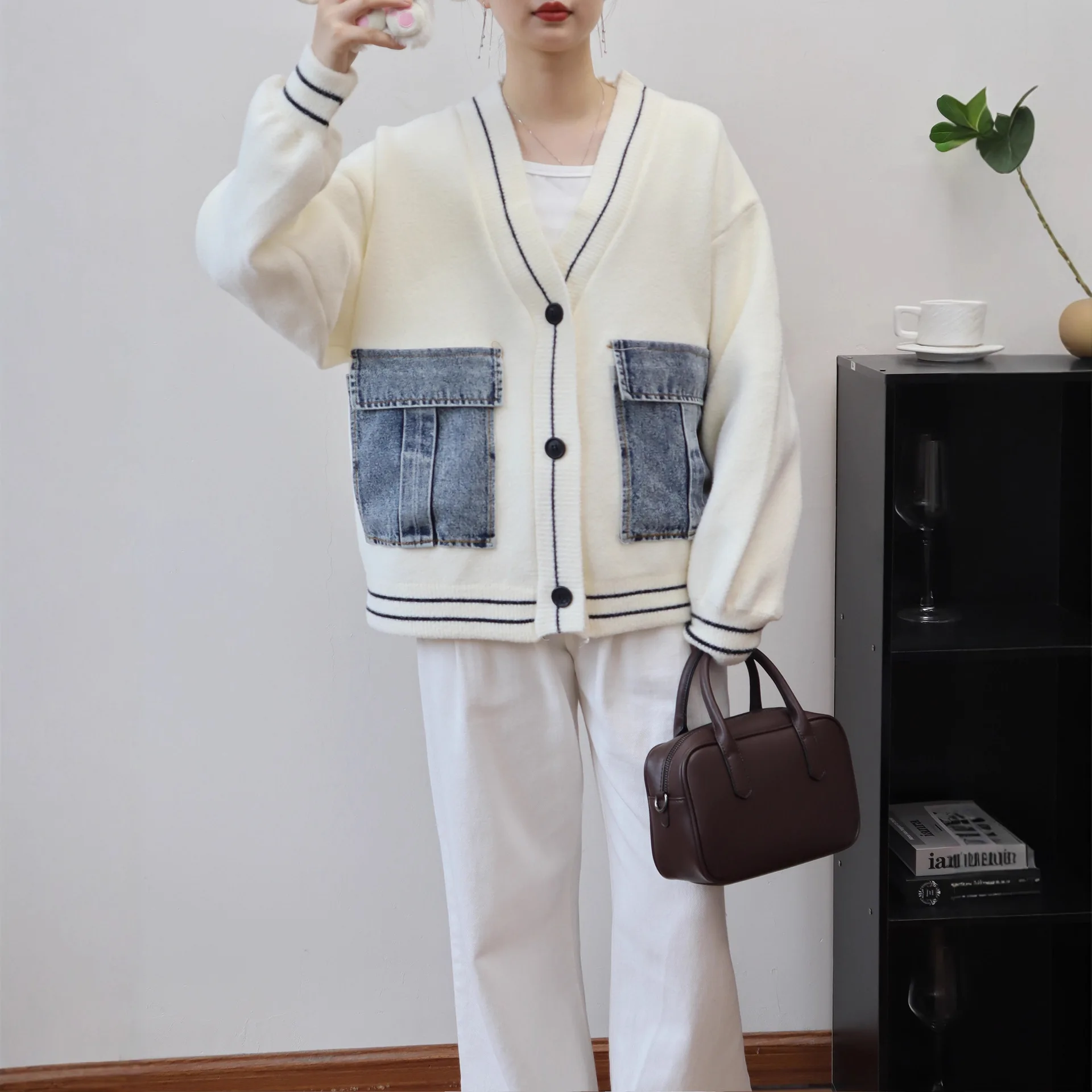 Women Blends Short Coats Casual Wool Jackets Denim Pocket Patchwork Long Sleeves Zipper Loose Office Lady Elegant 2025 Autumn - Image 2