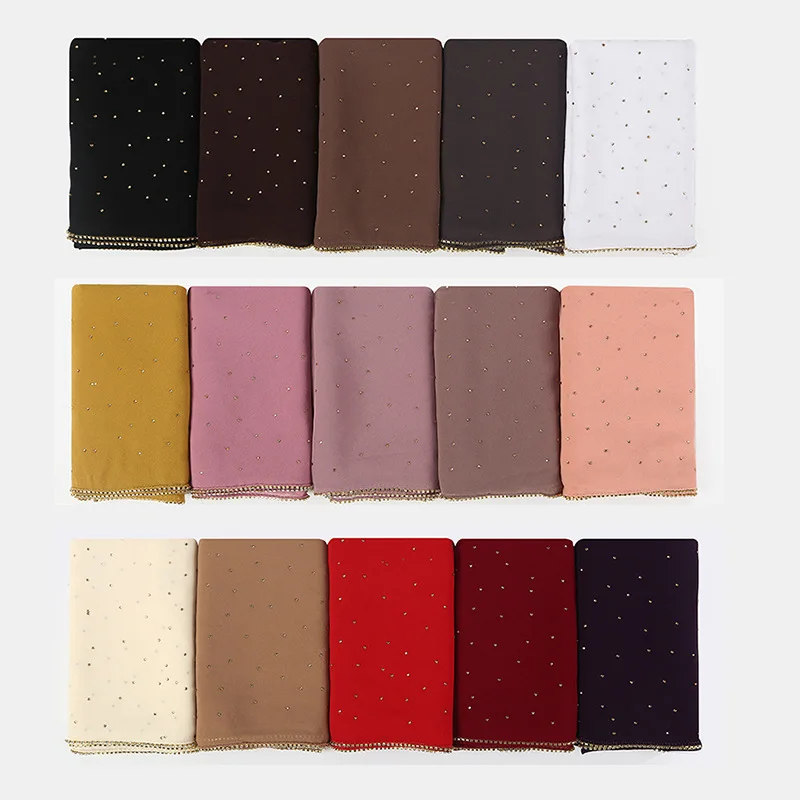 70*180CM New Malaysian and Indonesian Pearl Chiffon Diamond-encrusted Headscarf Long Spring and Summer Women's Headscarf