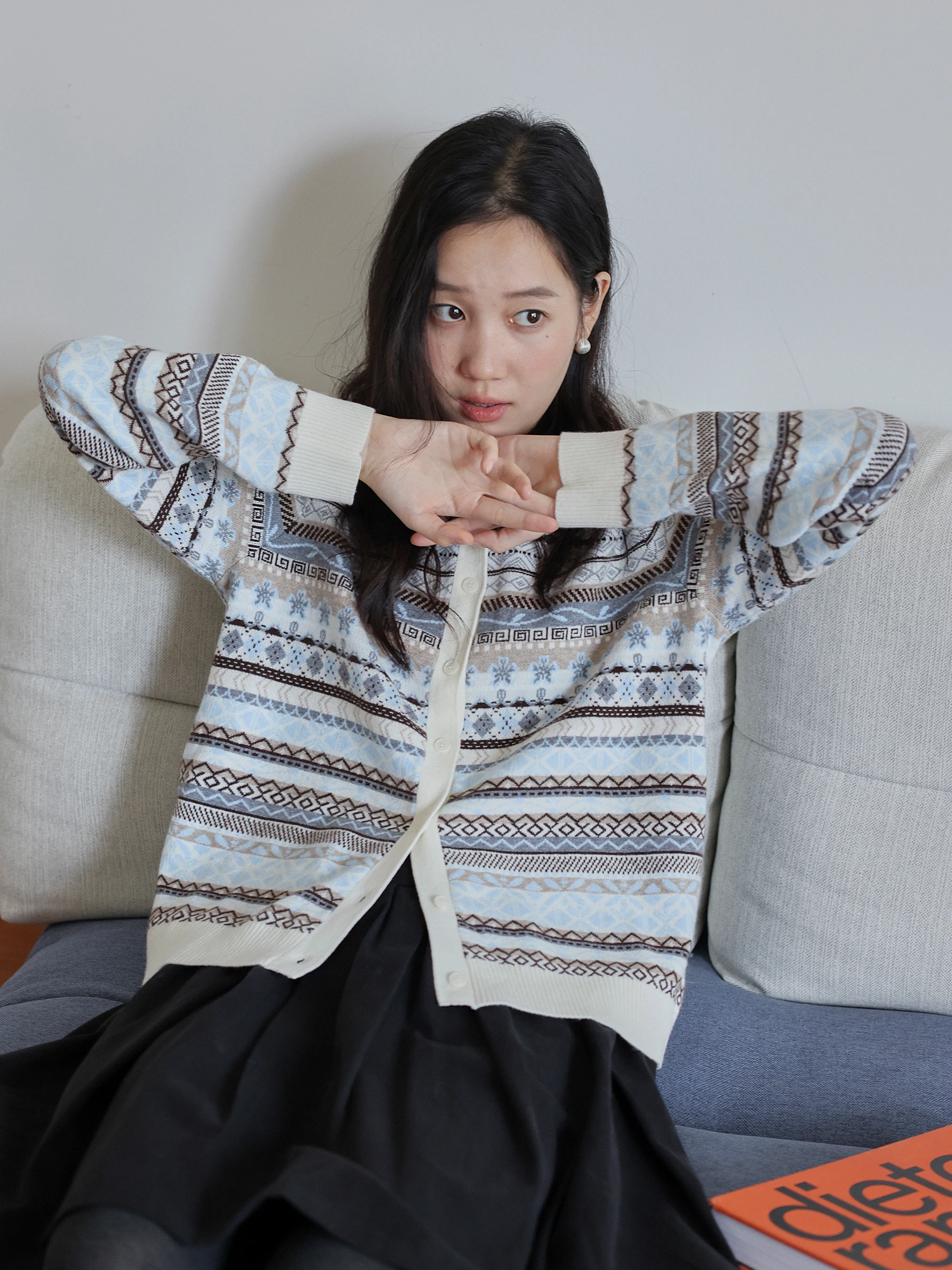 

MUNNS Women's Knitted Wool Blend Cardigan Sweater round Ne Fair Isle Snowflake Pattern Nordic Sle Outerwear Winter Warmth