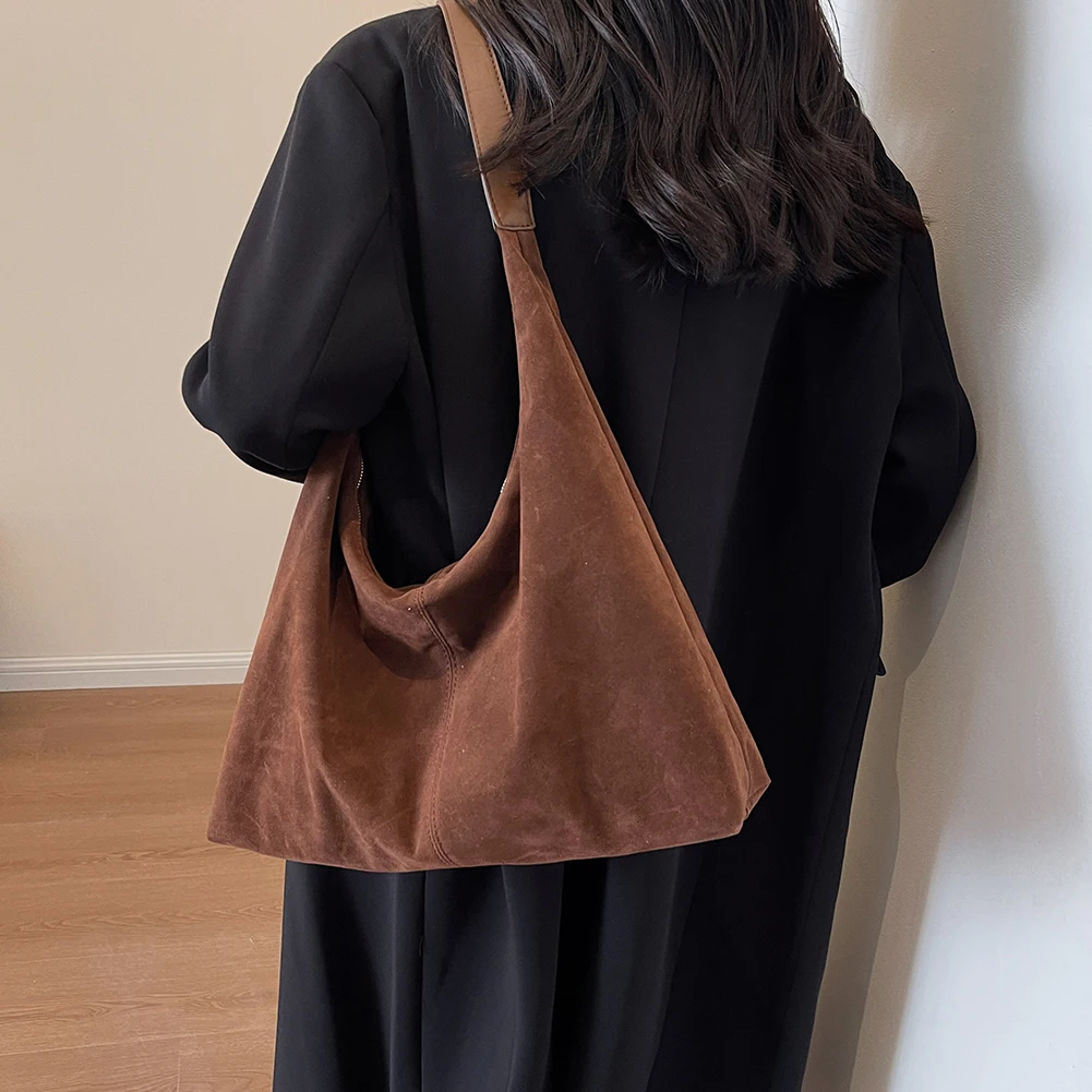 Women Suede Shoulder Bag with Zipper Hobo Bag Large Capacity Handbag Slouchy Bag Commuter Travel Bag image 3
