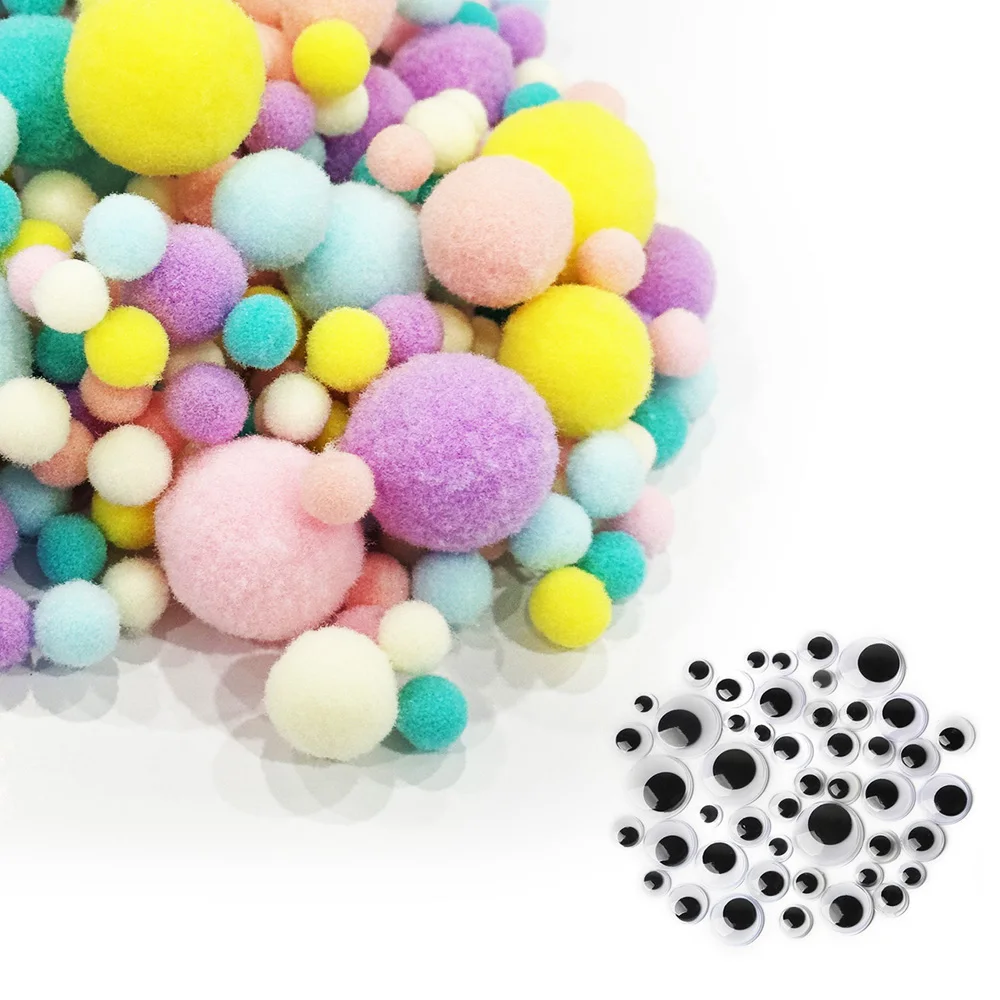 

300 colorful pompoms craft set, with 30 mixed-size black and white movable eyes, suitable for handcraft and decoration
