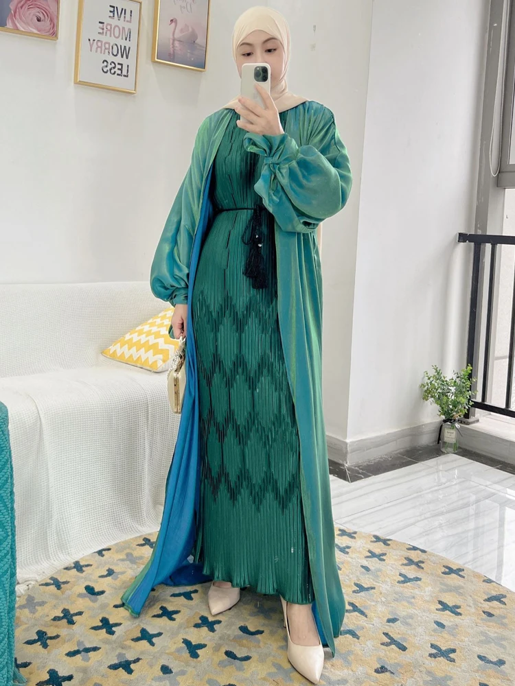 2 Piece Abaya Set Muslim Women Pleated Long Dress+Puff Sleeves Shiny Kimono Dubai Turk Hijabi Outfit Ramadan Eid Islamic Clothes