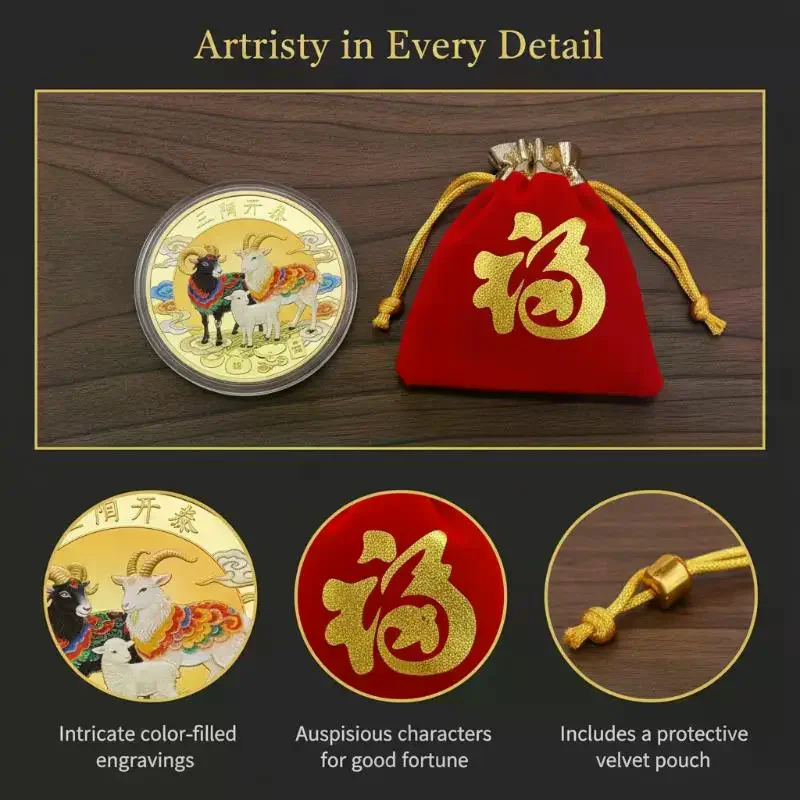 Gold Plated Retro Chinese Zodiac Goat Commemorative Coin 1Pcs with Acrylic Case Red Pouch for Vintage Collection
