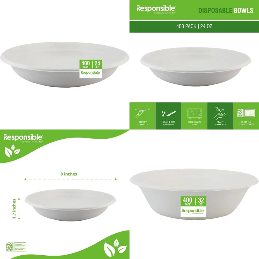 

Eco-Friendly Disposable Paper Bowls, 24oz Capacity for Hot Soup, 400 Count, Heavy Duty Paper Dinner and Dessert Bowls, Suitable