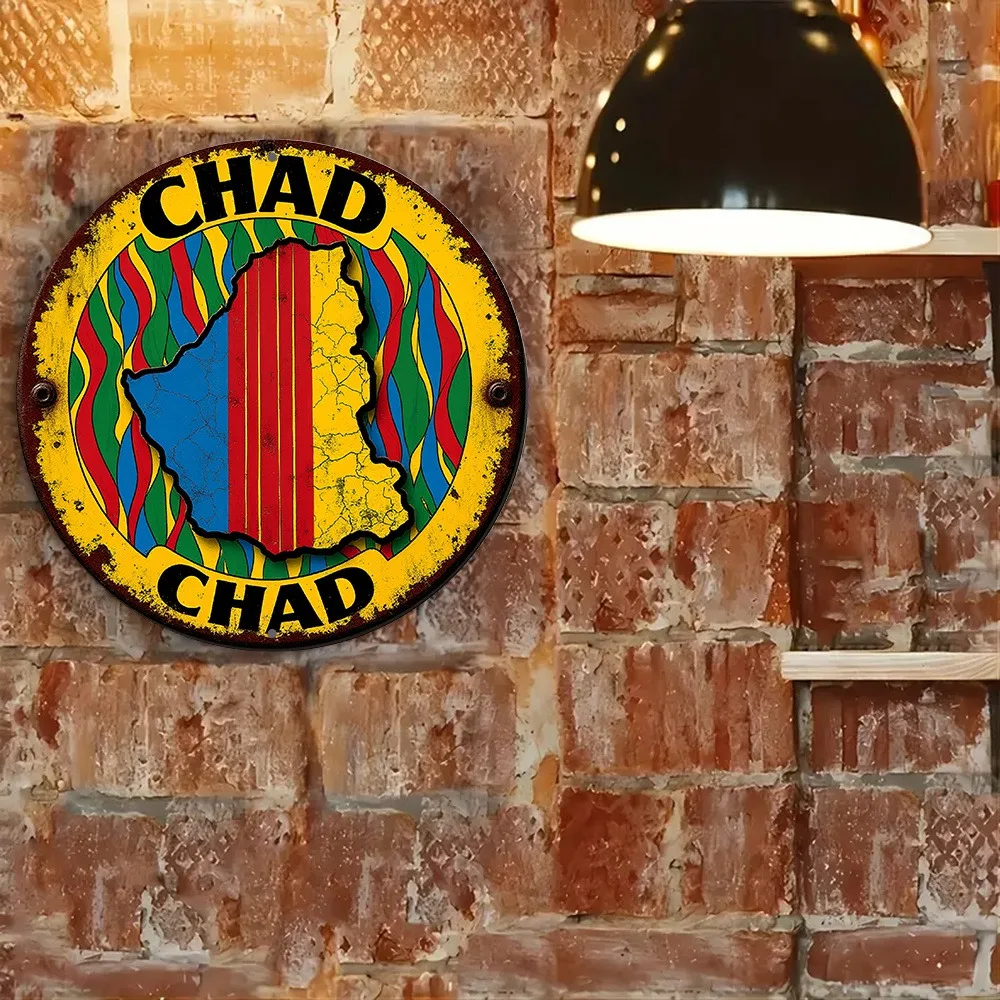 2D Flat Vintage Metal Tin Sign, Round Chad Outline Art, Colorful Distressed Wall Decor for Home