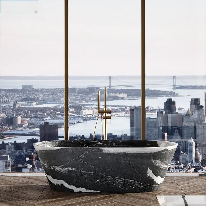 Customizable Freestanding Marble Bathtub Natural Stone Tub, Luxury Soaking Tub for Villa/Hotel, 180cm Carrara Royal Cream Bath