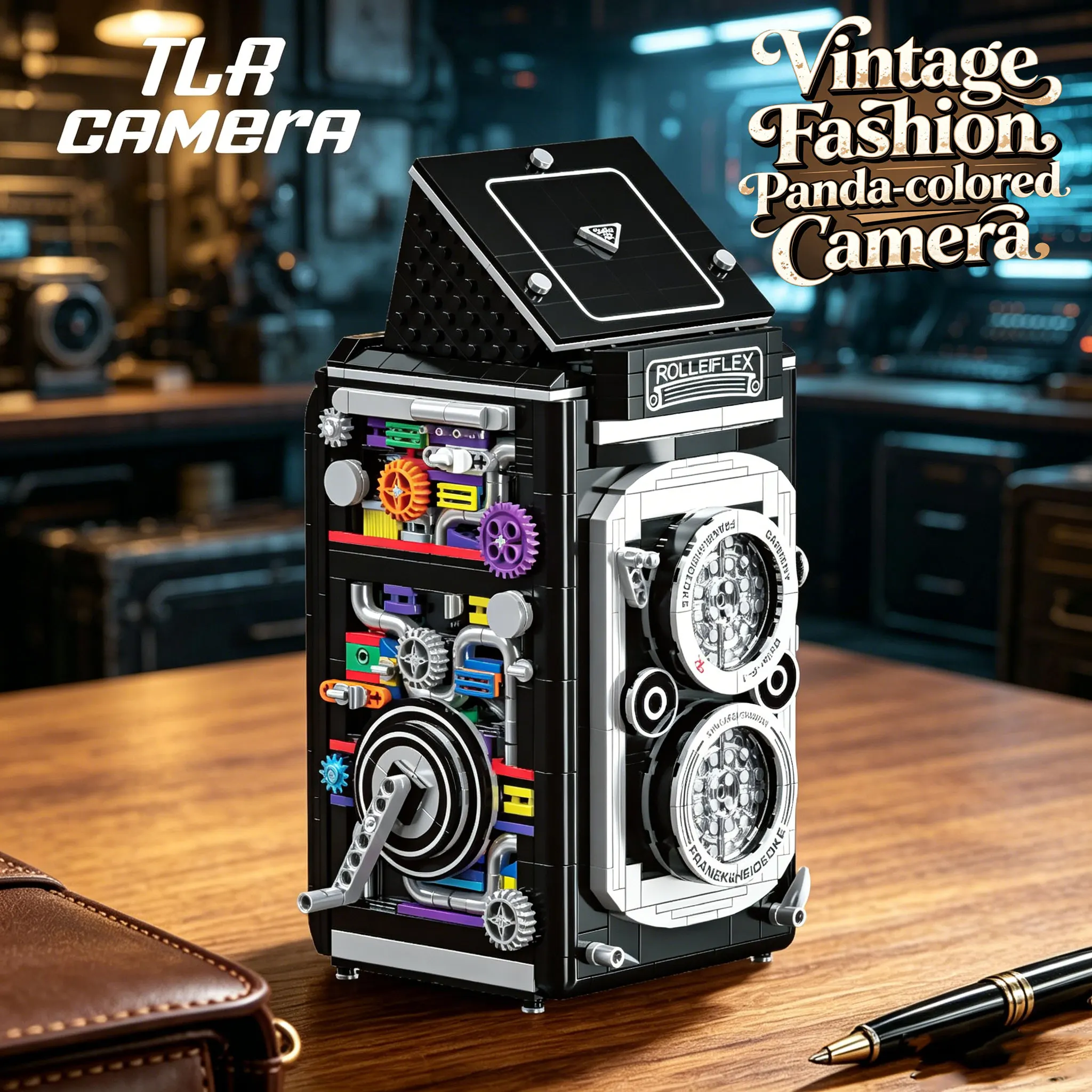 

Retro camera in panda color with dual lenses. Cool building set.A retro camera collection set featuring a stylish mechanical Gea