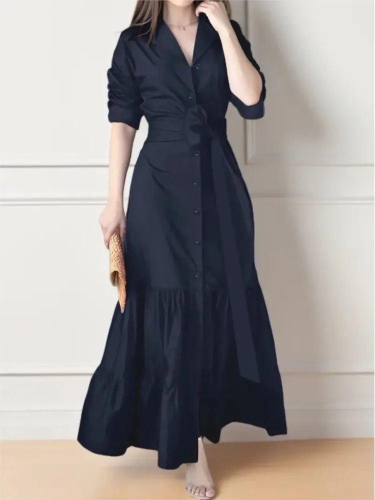 

Women's Shirt Dress Suit Collar Fashion Button Belt Bow High Waist Slim And Elegant Office Skirt Loose Long Dress Spring Summer