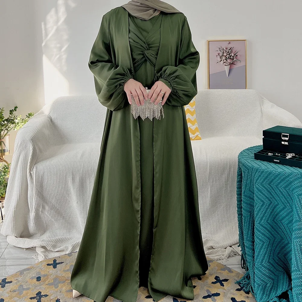 Ramadan Eid Suits Women Abaya Dubai Two pieces Muslim Sets Dress Abaya Dubai Turkey Muslim Islam Abayas Satin Party Evening Gown