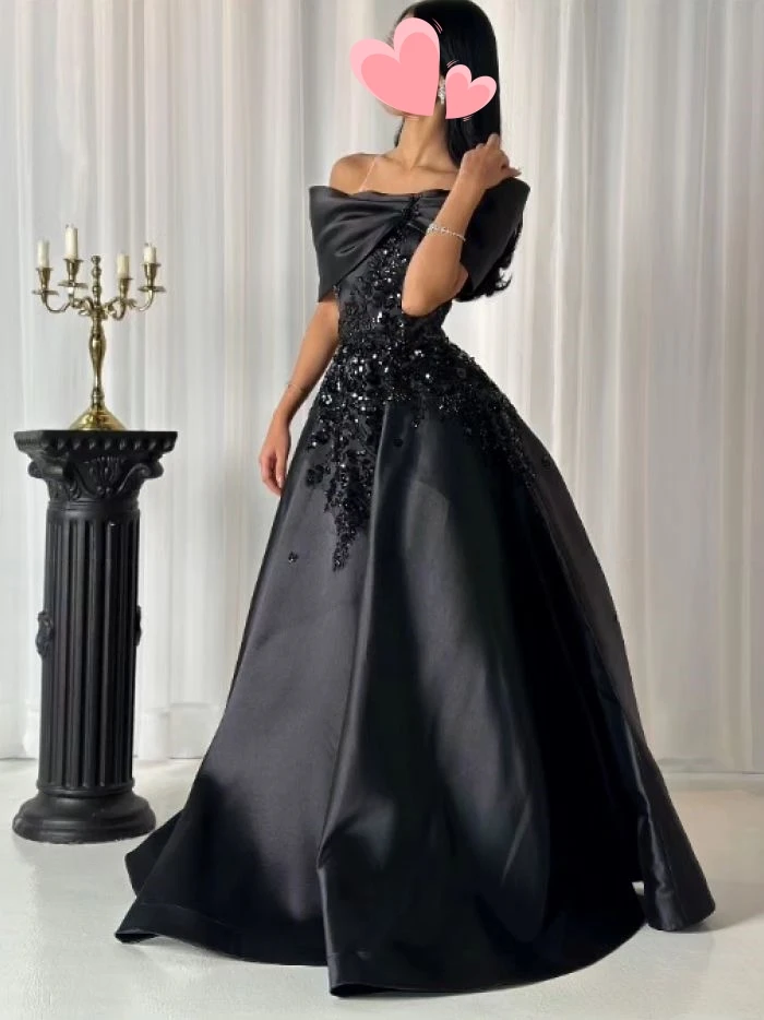 Other Shore Elegant Vintage Sexy Black Beads Applique Boat Neck Customize Formal Occasion Prom Dress Evening Party Gowns