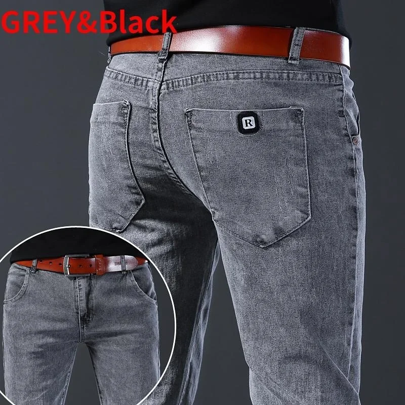 Spring Autumn Mens Casual Jeans Elastic Stretch Tight Fit Work Streetwear Fashion Mens Trousers