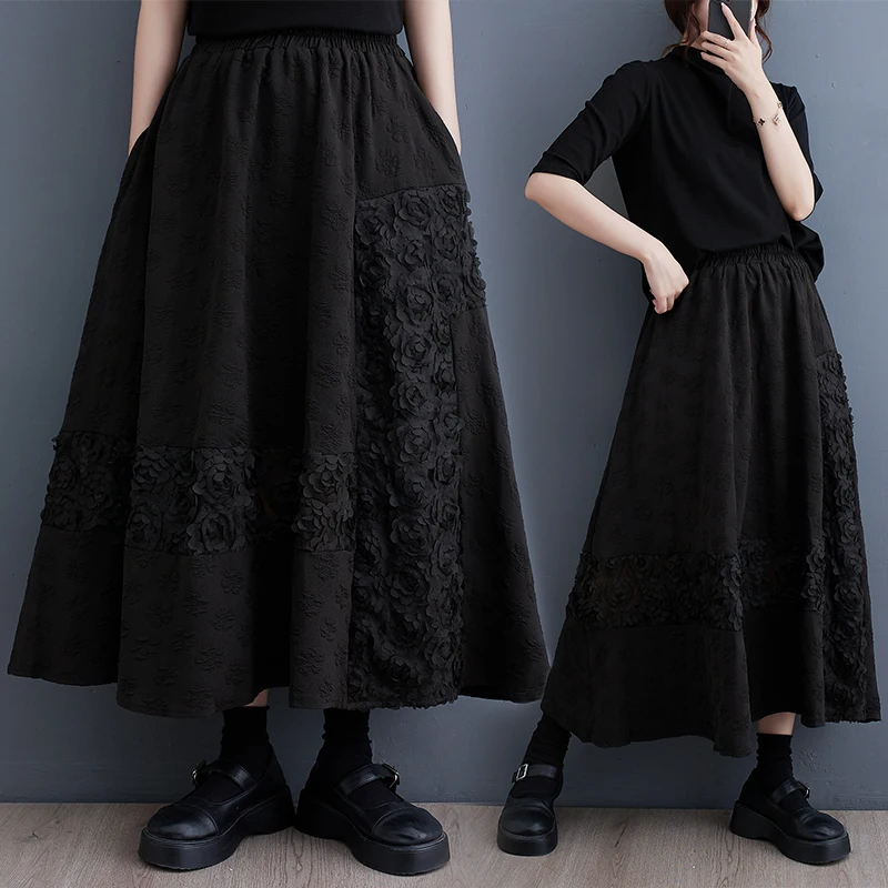 

Spring Autumn Loose Large Size Splicing Design Sensation Half Skirt Black Umbrella Skirt Korean New Style Small Press Flower ...