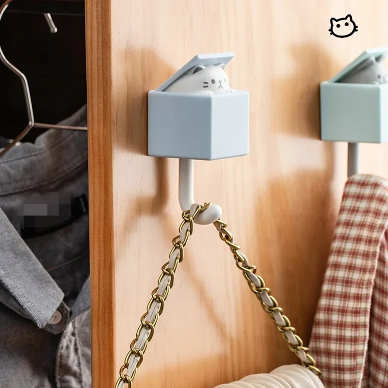 แมวน่ารัก Wall Hooks Self กาวห้องนอนประตูแขวนคีย์ผ้าเช็ดตัวร่ม Coat ผู้ถือ Rack สัตว์บ้านตกแต่งห้องน้ํา Hook