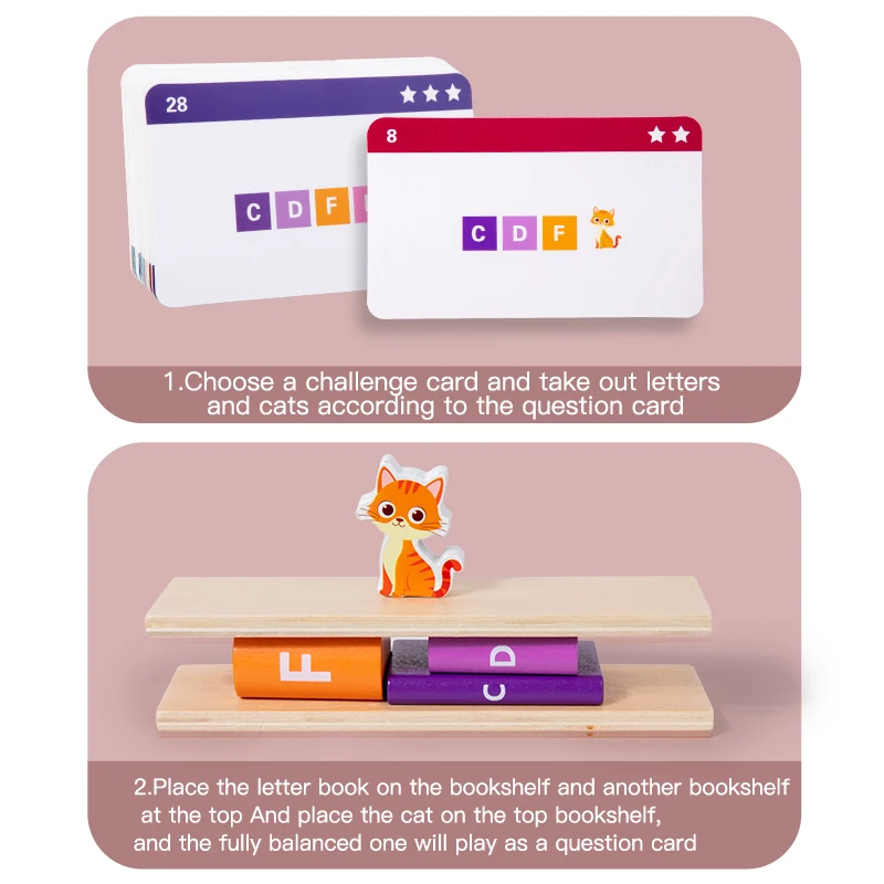 Wooden Kitten Alphabet Building Blocks Fine Motor Skill Game Educational Stacking Blocks Color Shape Sorting Toys for Counting