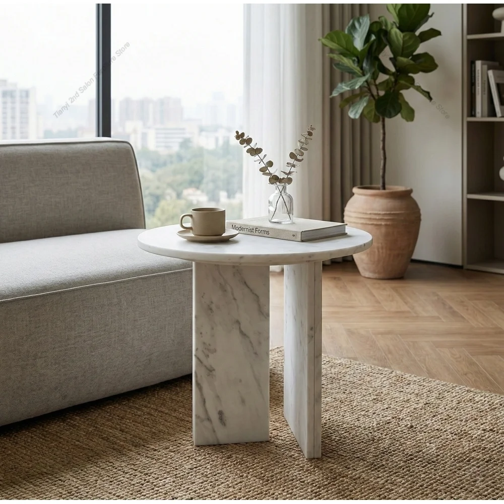 White Natural Marble Semi-Polished Round Accent Table, Side Table Ø17.7 H15.8 Inch/Ø45 H40 Cm, Real Marble Café Furniture FYCT