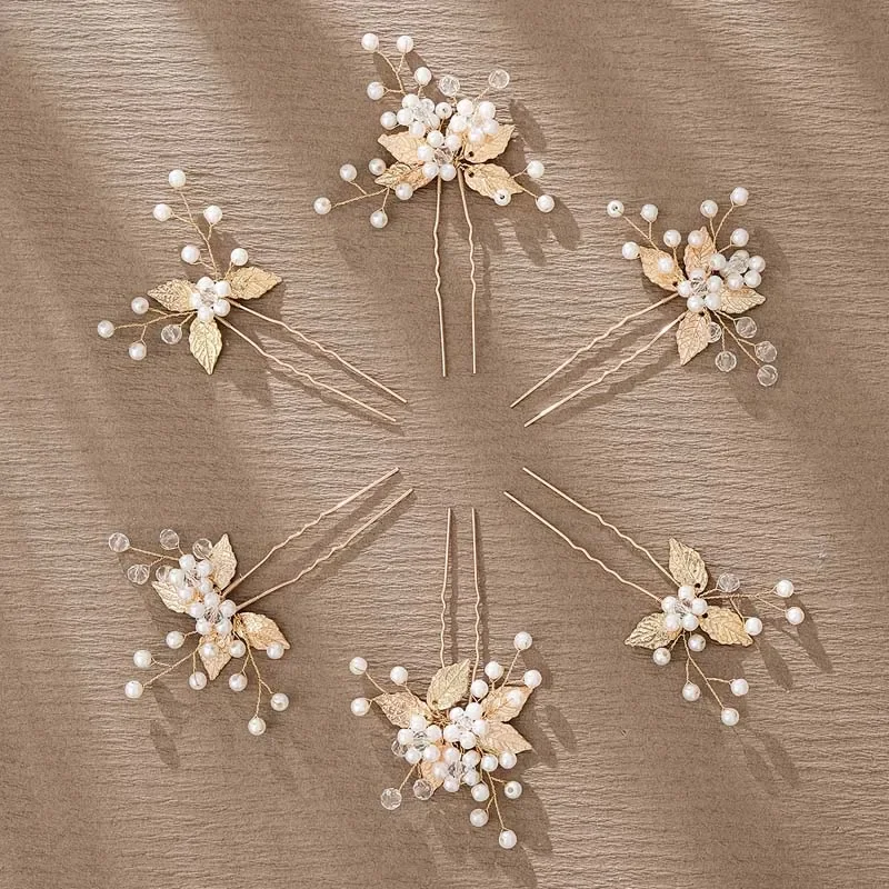 Hair Accessories Rhinestone Flower Hairpins For Women Metal Alloy Leaves Hair Clips Wedding Jewelry Gifts Gold Color Bride