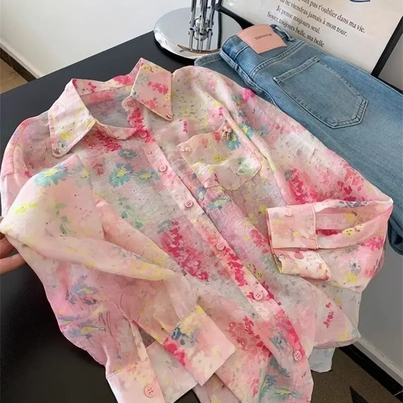 

2025 Summer New Floral Pink Shirt for Women Y2k Long Sleeve Sun Protection Coat Fashion Aesthetic Chiffon Blusas Mujer