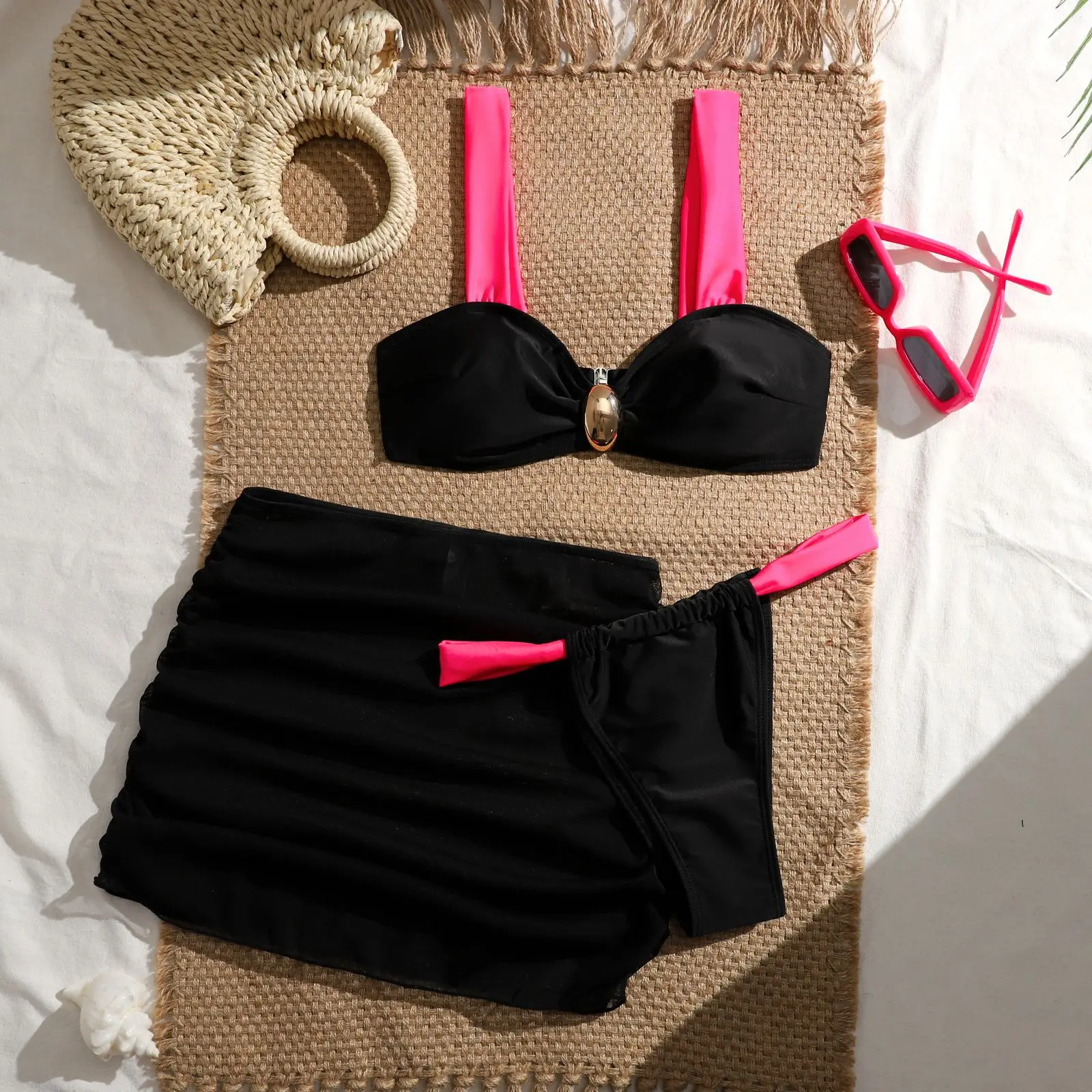 2026 Women's Triangle 3 Piece Bikini Set Tummy Control High Waist Ruched Sexy Swimwear Beach Vacation Thongs Swimsuit Skirt Sets