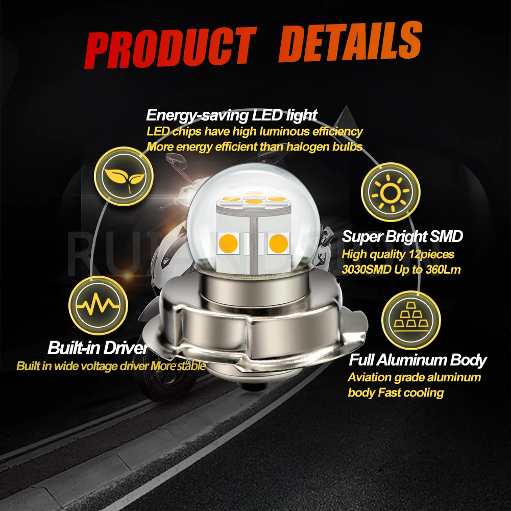 RUIANDSION P26S P45T LED Bulb Scooter Adapter Motorcycle LED Headlight Bulb Racer Lamp 6V 12V 24V 30V White Warm White Yellow