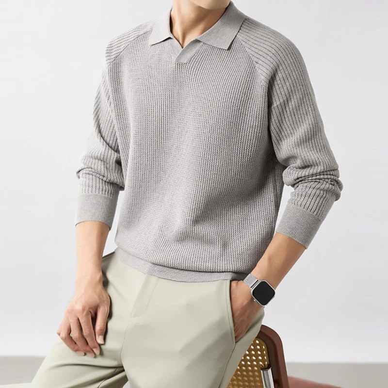 

100% Cotton ​​Men's Textured Seagull Collar Knit Shirt Business Casual Style​​ Pineapple Texture Sweater