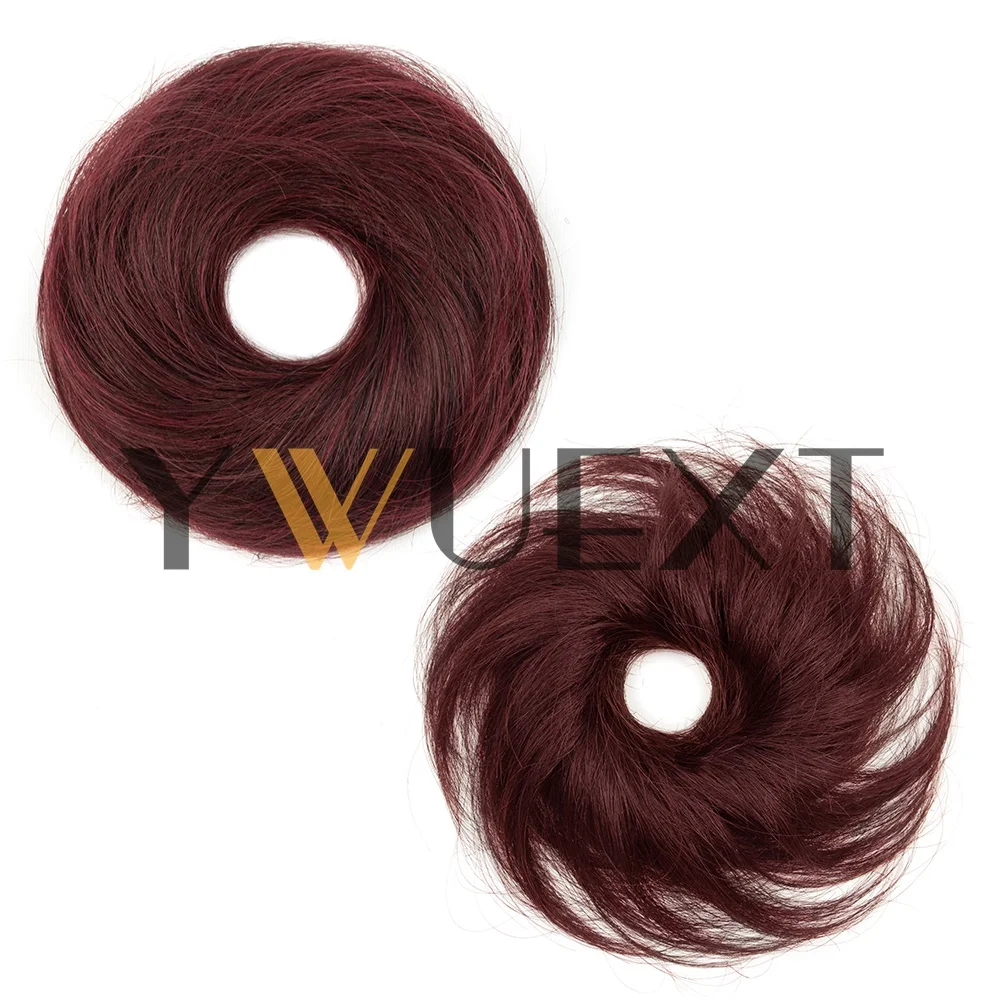 99J# Messy Hair Bun Hair Pieces Straight Scrunchie Updo with Elastic Rubber Band Extension Real Human Hair Ponytail Chignon Donut for Lady 11 Colors