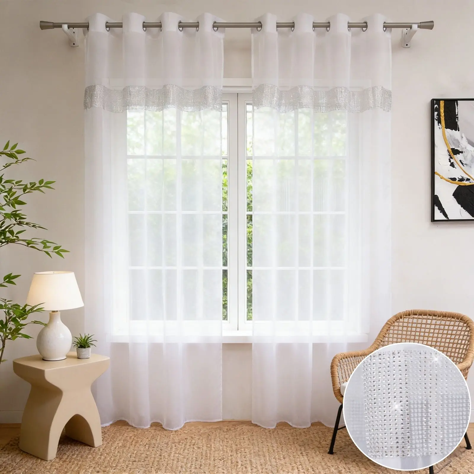 1PC Minimalist White Sheer Curtain With Diamond Strap, 145×250cm, Perfect For Housewarming Gift, Bedroom Living Room Home Decor