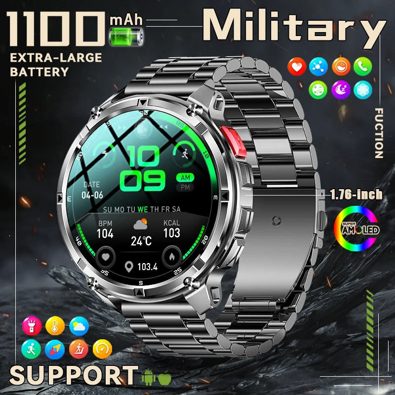 

Новые умные часы 2026 года для активного отдыха, 1100 мАч, военные, спортивные, с AMOLED-экраном 1,7 дюйма, водонепроницаемость 5ATM, фонарик, трекер активности, звонки по Bluetooth