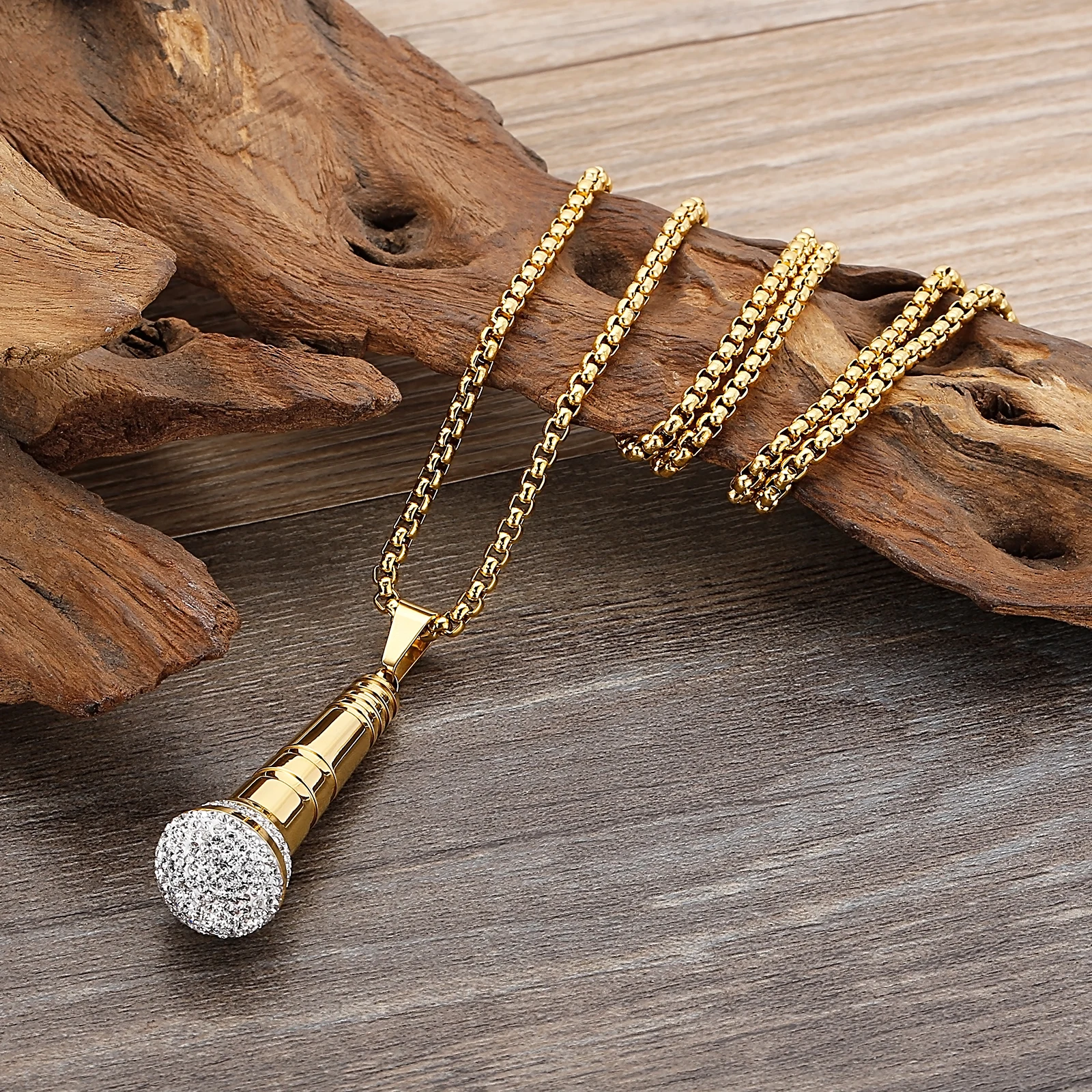 HAOYI Microphone Pendant Necklace Men 18K Gold Color Fashion Hip Hop Rhinestone Hhigh-end Stainless Steel Jewelry Onlyfans Gift