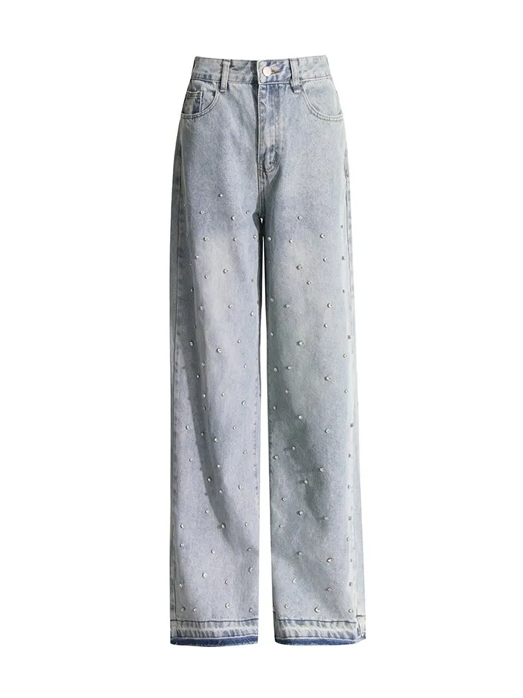 Imagem -06 - Twotwinestilo Jeans de Botão Emendado Vintage para Mulheres Retalhos de Cintura Alta Diamantes Temperamento Perna Larga Calça Jeans Feminina