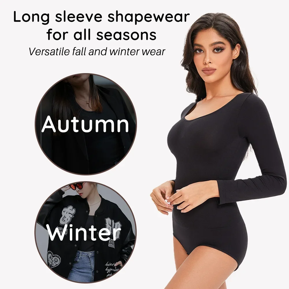 Intimo femminile con apertura sul cavallo Body intero a maniche lunghe Vita senza cuciture Trainer Body Shaper Guaina Pancia piatta Shapewear Donna