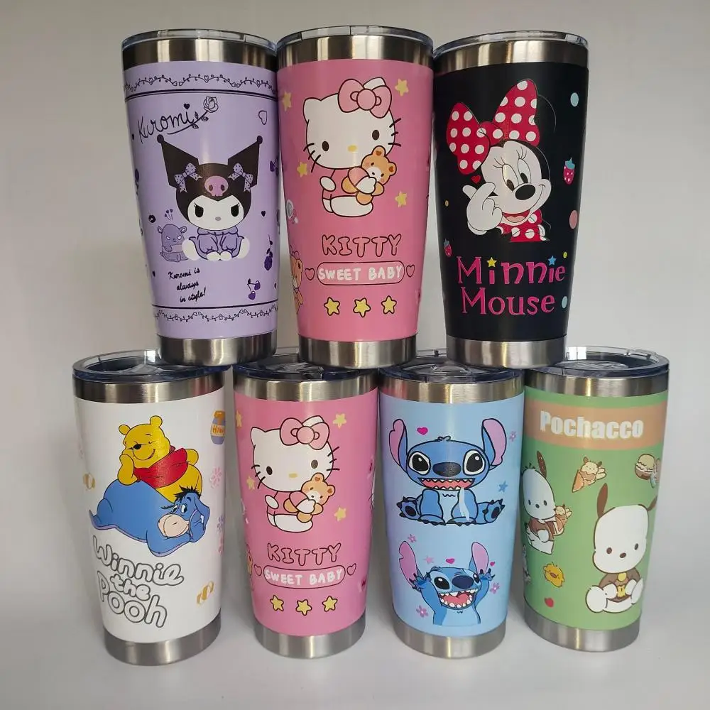 600Ml Sanrio Hello Kitty Kuromi Cartoon Coffee Mug Car Thermos Mug Kawaii Stitch Travel Thermo Cup for Tea Water Coffee Cup