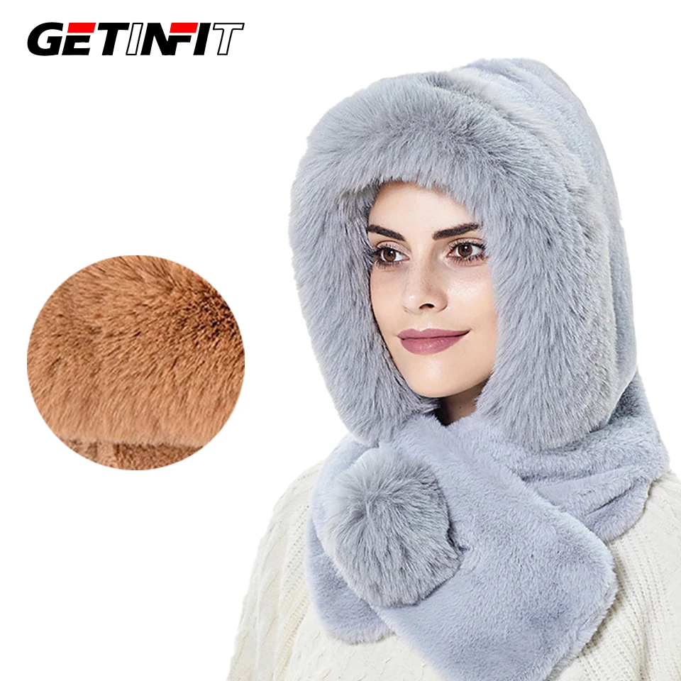 GETINFIT قبعة الشتاء الدافئة وشاح أفخم وشاح 1 قطعة كامل المخملية غطاء رأس سدادات حماية الأذن يندبروف ركوب الدافئة يندبروف النساء