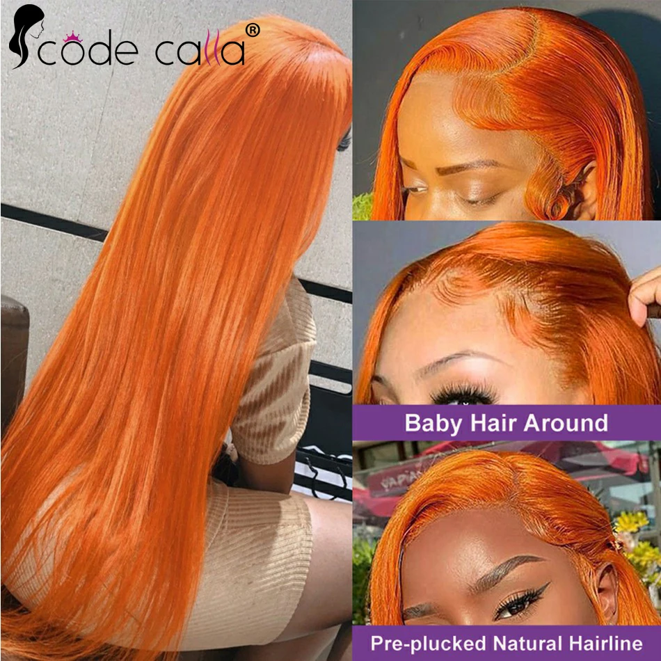 Perucas dianteiras do laço do gengibre laranja para mulheres, cabelo humano, osso reto, peruca transparente HD do laço, 13 × 4