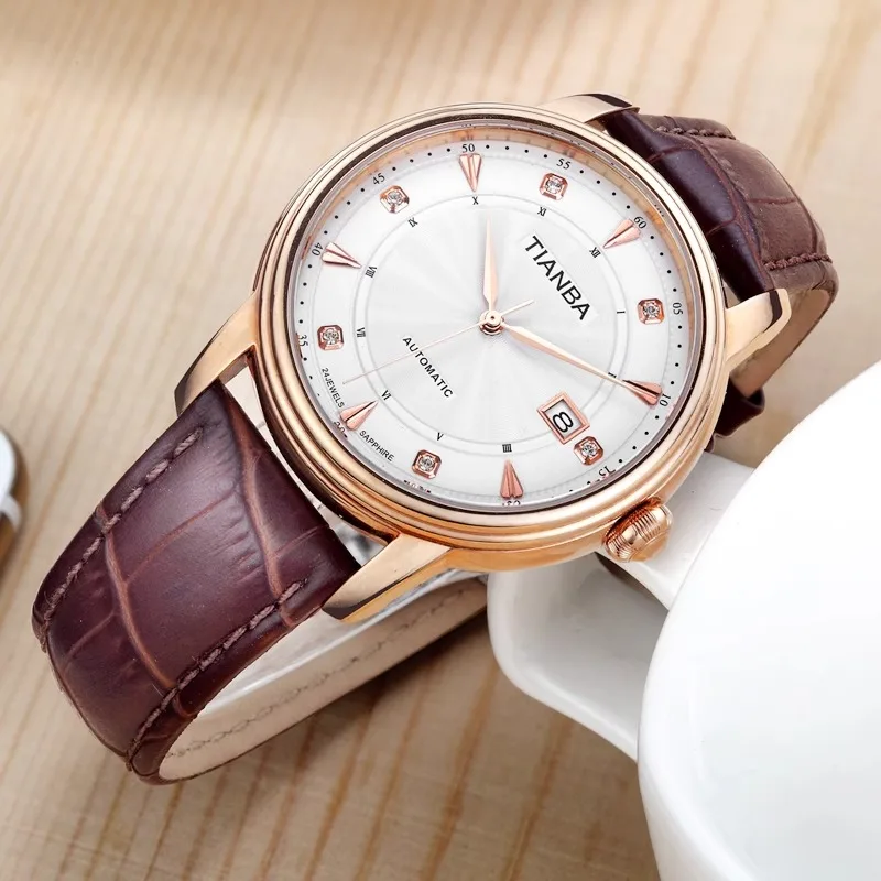TIANBA Reloj mecánico automático con cinturón para hombre Reloj de pulsera resistente al agua genuino Reloj para hombre TM8007