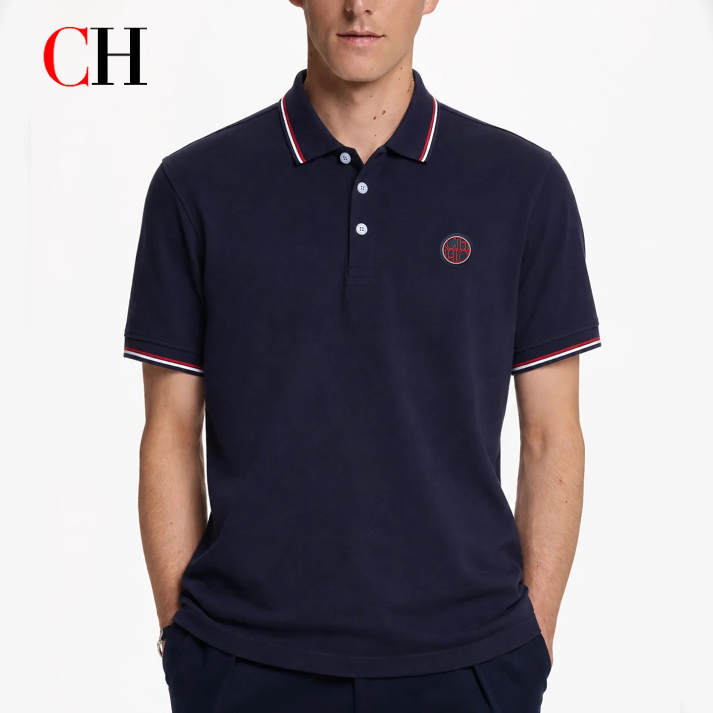 CH Men's Casual Fashion T Shirt Solid Color Short Sleeve Top Summer Streetwear Basic Tee RedWhite Trim Crew Neck Men's Clothing