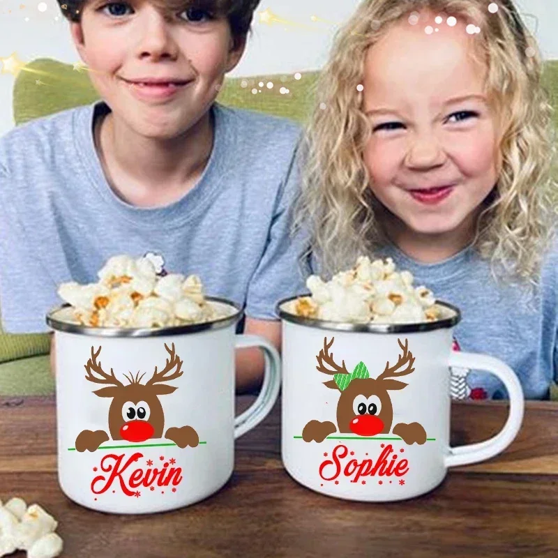 Custom Name Mug Personlized Deer Enamel Cups Christmas Hot Cocoa Chocolate Mug Drink Milk Sibling Handle Mugs Xmas Gifts for Kid