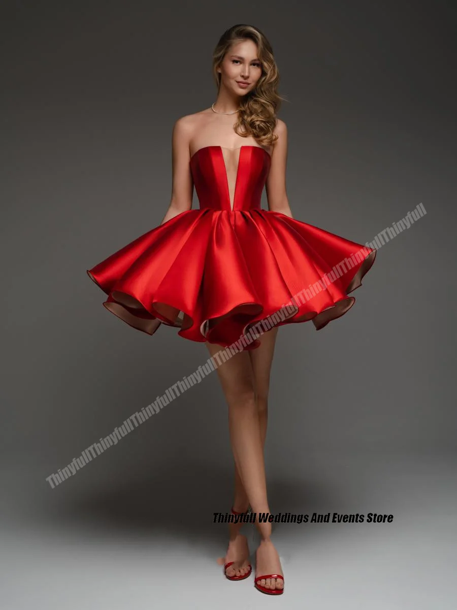 Thinyfull Short Birthday Party Prom Dresses A-line Satin Sleeveless Strapless Girl Homecoming Gowns 2024 Formal Dress Customized