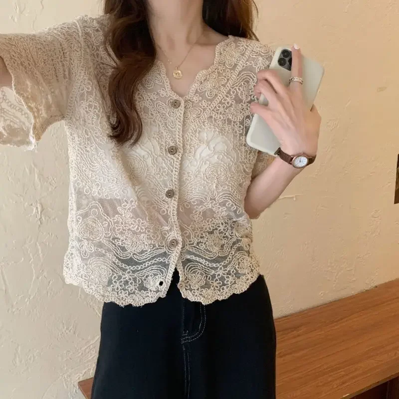 See Through Embroidered Lace Shirts Women Blusas Button-Down Short Sleeve Open Knit Mesh Blouse Crop Tops Summer Boho Chic