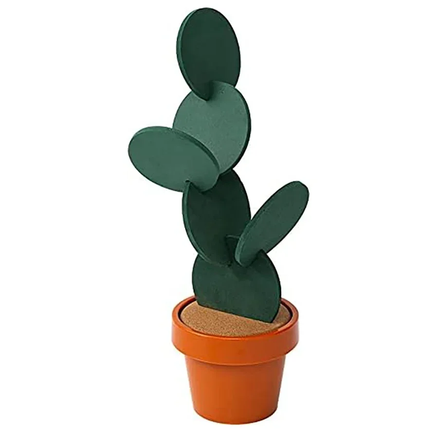 Cactus Coaster 6-Piece Green Coaster Cactus Set with Flower Pot Shaped Holder Heat Insulation Pads for for Decoration
