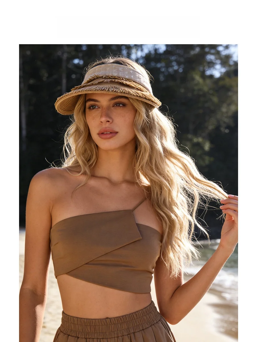 bohemian-style-wide-brim-straw-hat-women's-face-slimming-no-match-model-sunshade-empty-top-cap-spring-summer-fashion-accessories
