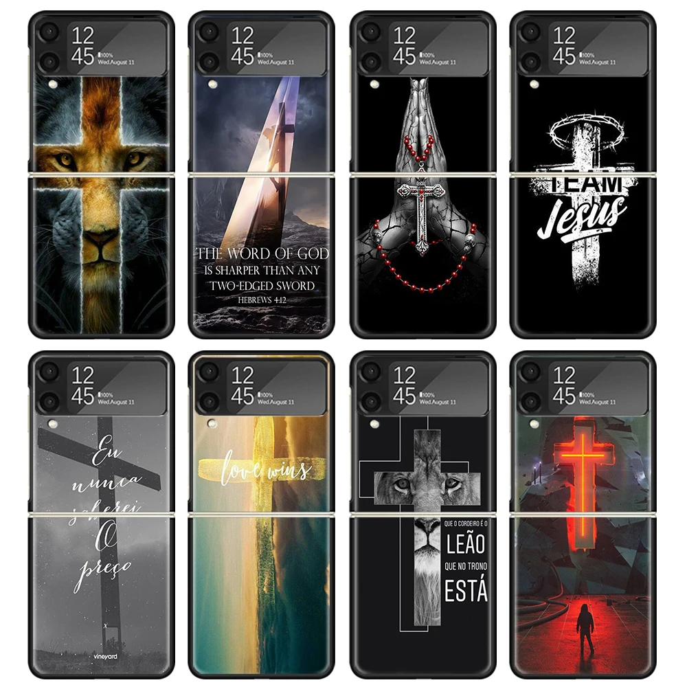 God Jesus Pray Cross Phone Case For Samsung Z Flip 6 5 4 3 Galaxy ZFlip6 5G Flip5 Flip4 Black Hard Camera Protective Cover