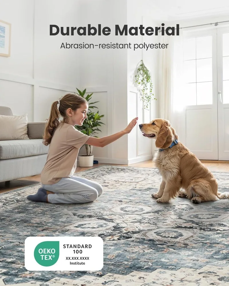 

8x10 Washable Area Rug, Low-Profile Large Area Rug with Non-Slip Backing & Durable Edge Binding