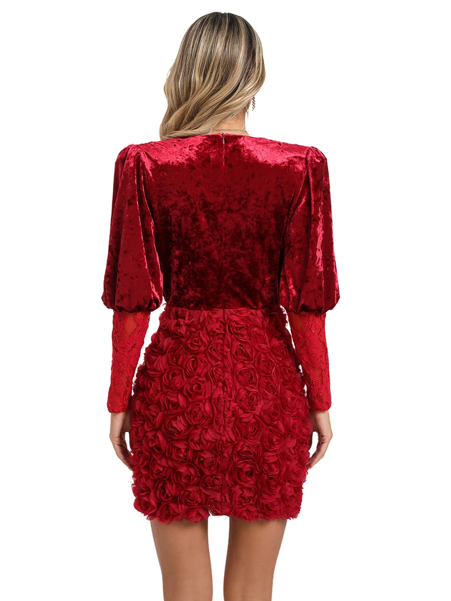 New Women's Deep V-Neck Red Velvet Long Sleeve Mini Dress Rose Embellishments and Lace-detailed Sleeves for Party Nights